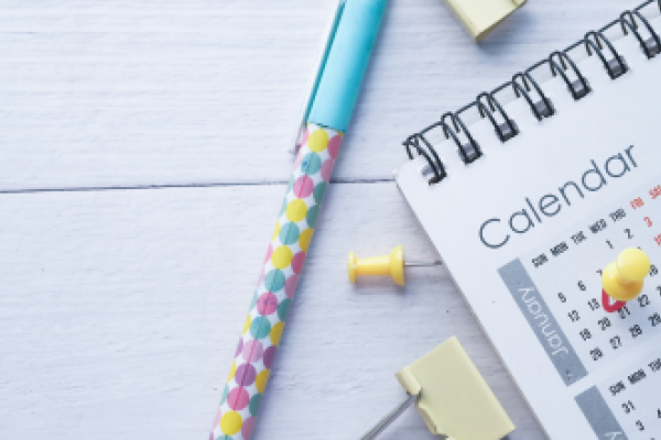 calendar with colorful pen and pins